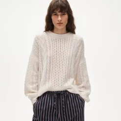 Cashmere cable-knit blouson-sleeve sweater