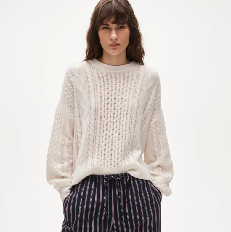 Cashmere cable-knit blouson-sleeve sweater