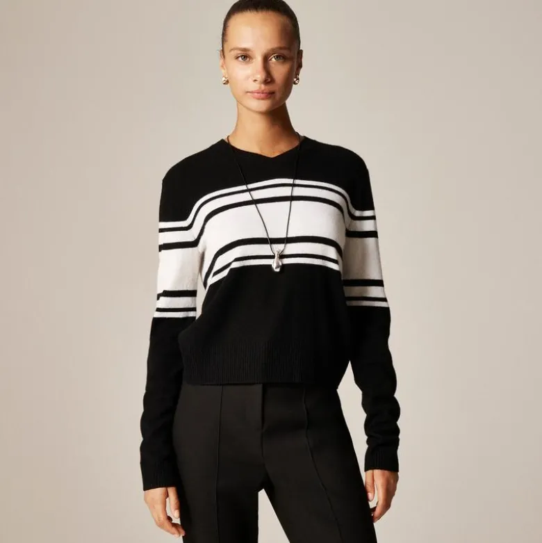 Cashmere high V-neck sweater in stripe