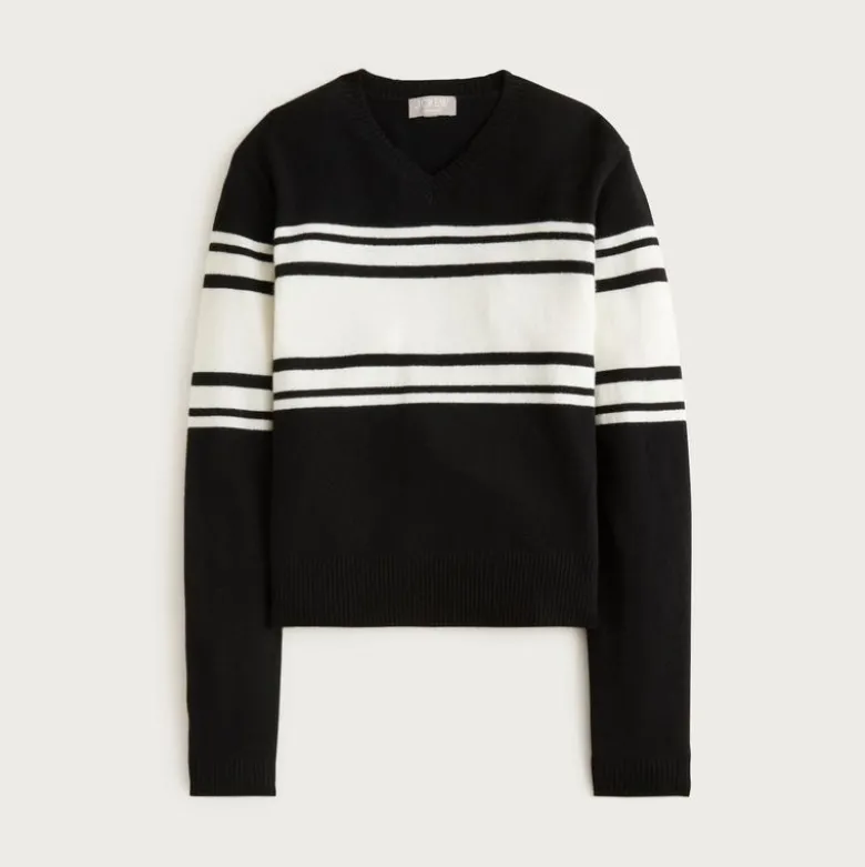 Cashmere high V-neck sweater in stripe