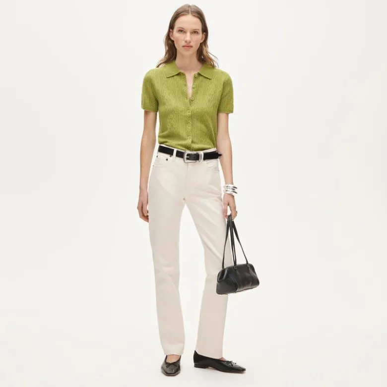 Cashmere pointelle button-up short-sleeve cardigan