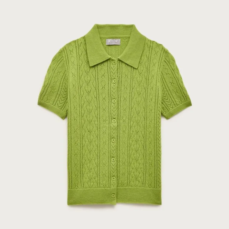 Cashmere pointelle button-up short-sleeve cardigan