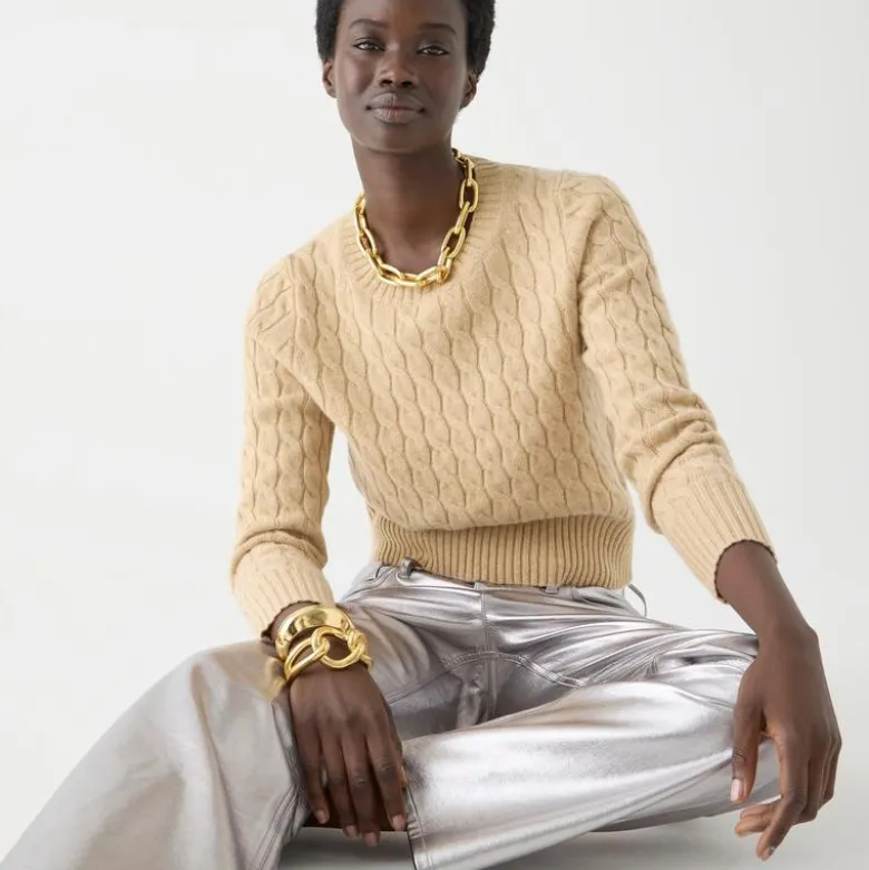 Cashmere shrunken cable-knit crewneck sweater with Lurex® threads