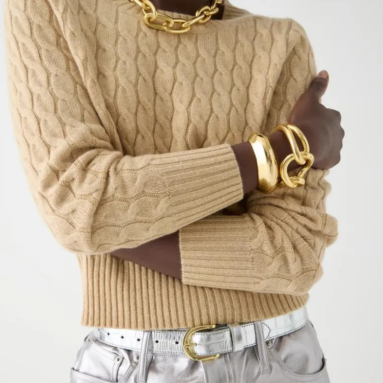 Cashmere shrunken cable-knit crewneck sweater with Lurex® threads