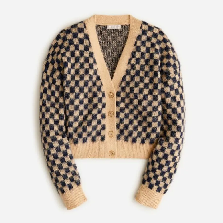 Checkered V-neck cardigan sweater in brushed yarn