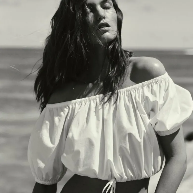 Cinched-waist cropped top in cotton poplin