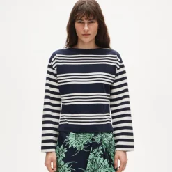 Cinched-waist shirt in striped heavyweight cotton