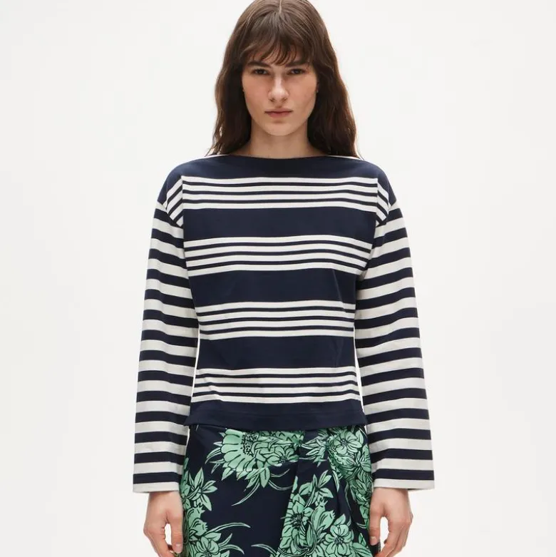 Cinched-waist shirt in striped heavyweight cotton