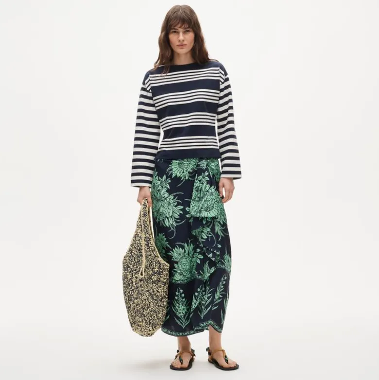 Cinched-waist shirt in striped heavyweight cotton