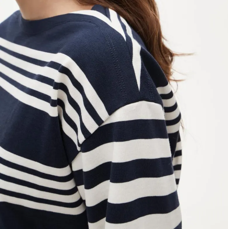 Cinched-waist shirt in striped heavyweight cotton
