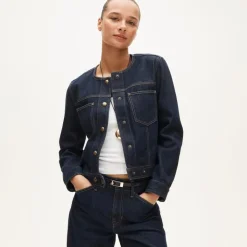 Collarless denim trucker jacket