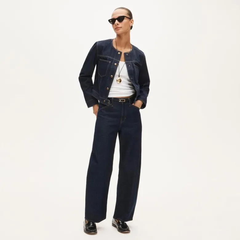 Collarless denim trucker jacket
