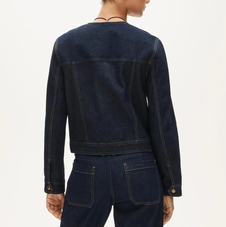 Collarless denim trucker jacket