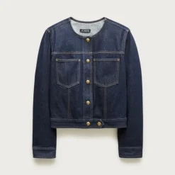 Collarless denim trucker jacket