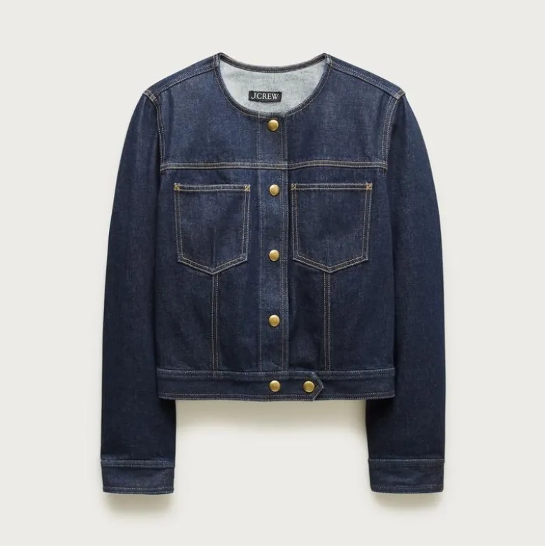 Collarless denim trucker jacket