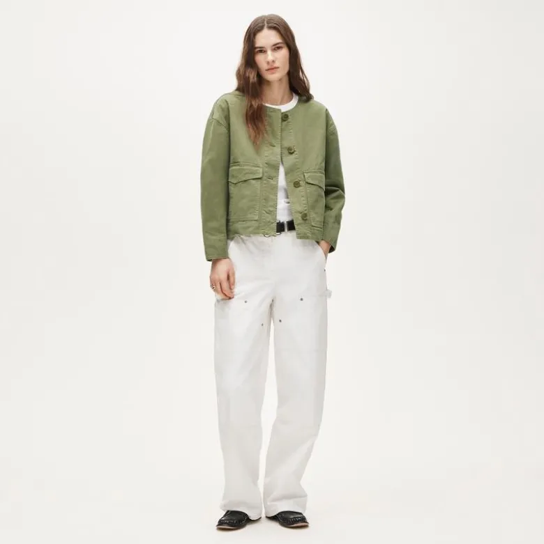 Collarless utility jacket in brushed cotton twill