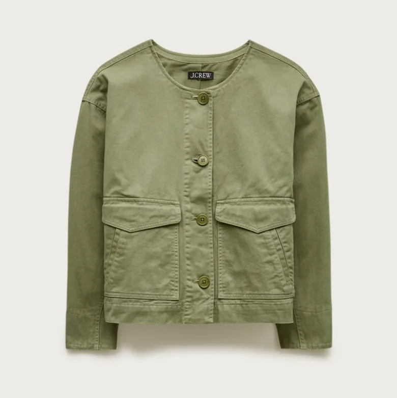 Collarless utility jacket in brushed cotton twill