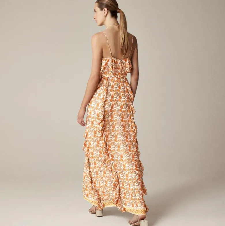 Collection cascading ruffle dress in sunset rose block print chiffon