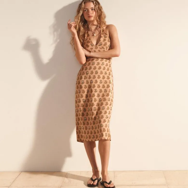 Collection embellished halter dress in tonal tulip block print