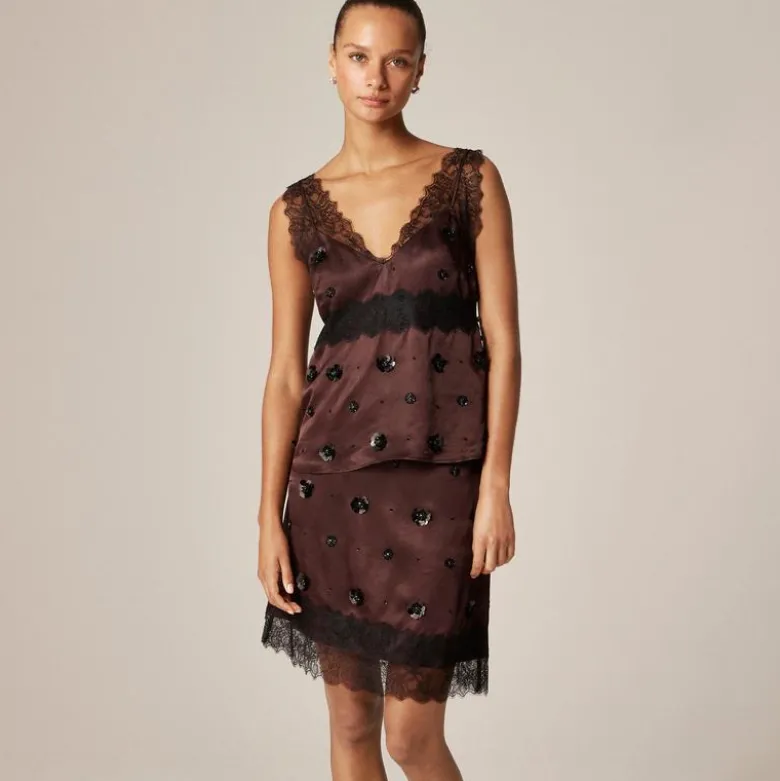 Collection embellished lace-trim mini skirt in luster charmeuse