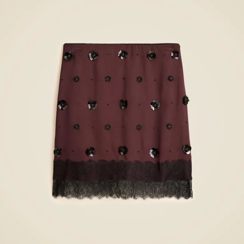 Collection embellished lace-trim mini skirt in luster charmeuse