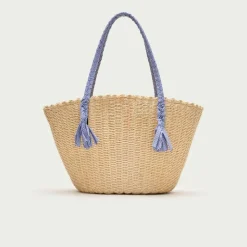 Como handwoven straw tote with gingham handles