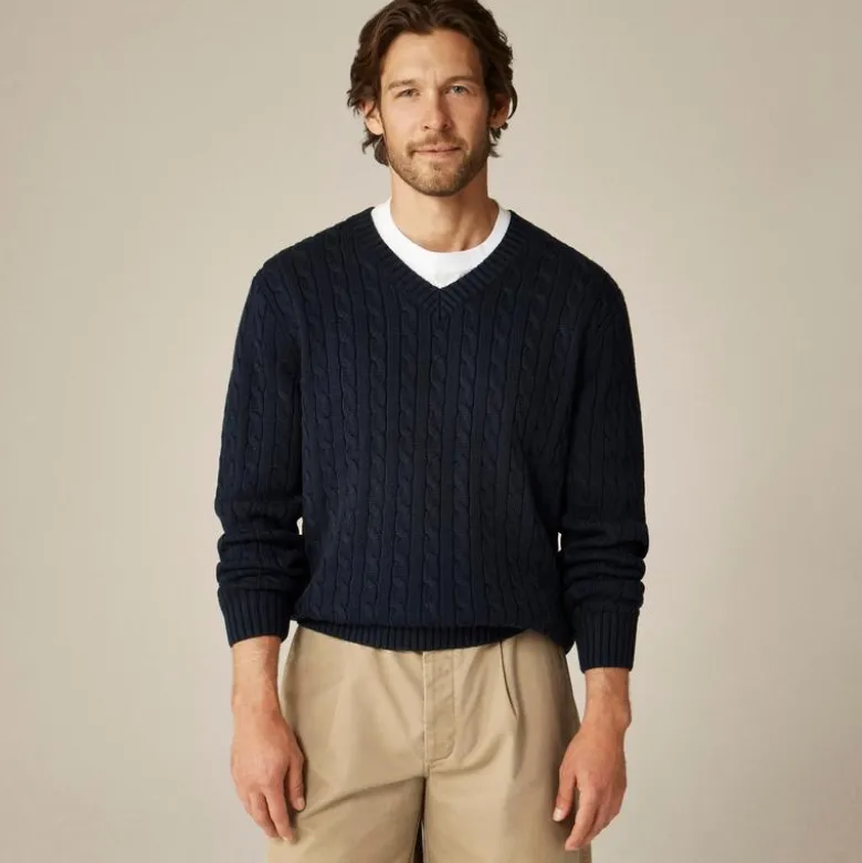Cotton cable-knit V-neck sweater