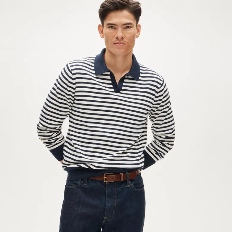 Cotton johnny-collar sweater-polo in stripe