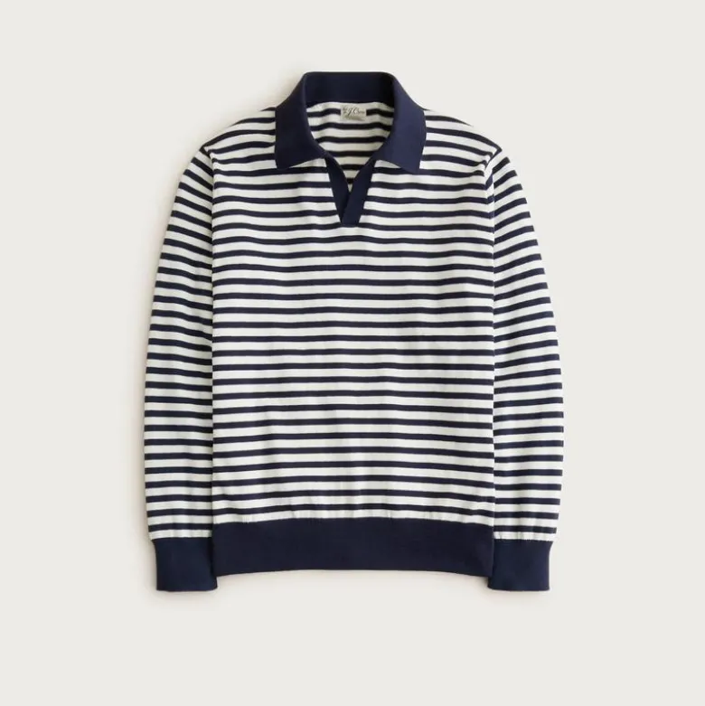 Cotton johnny-collar sweater-polo in stripe