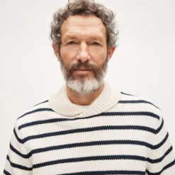 Cotton shawl-collar sweater in stripe