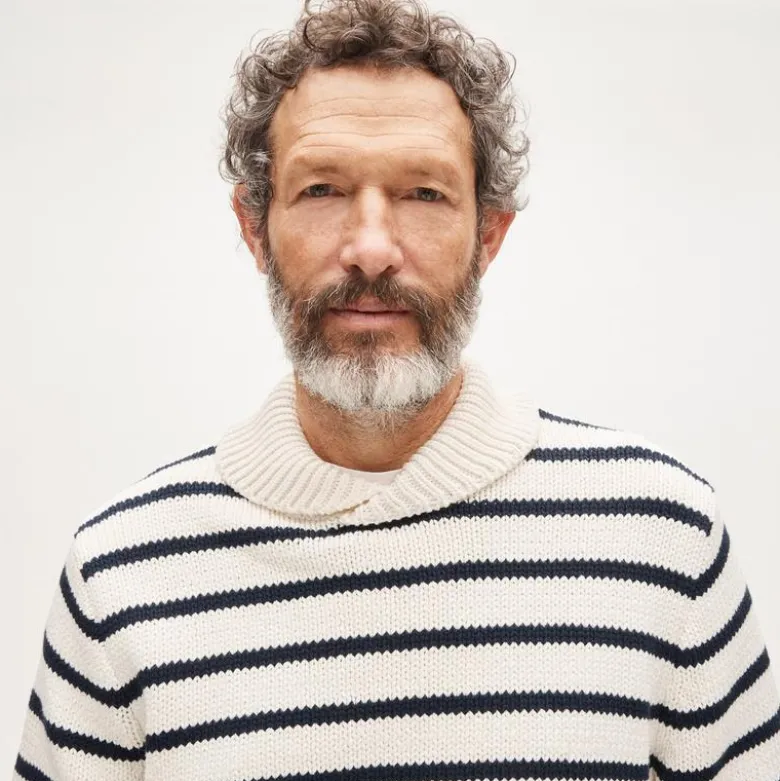 Cotton shawl-collar sweater in stripe