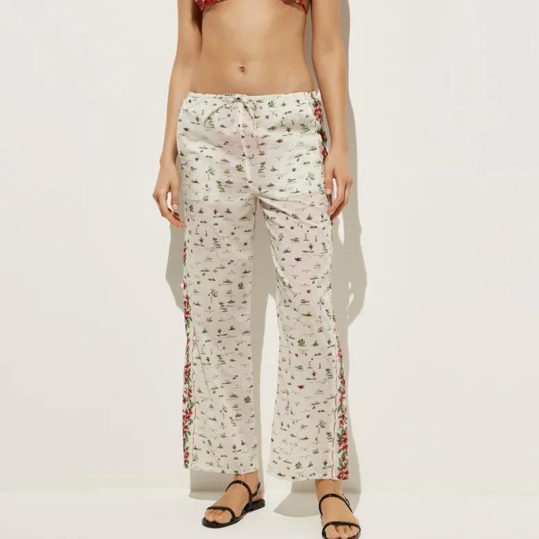 Cotton voile beach pant in map print