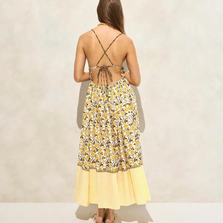 Cotton voile plunge maxi dress in daffodil daze block print
