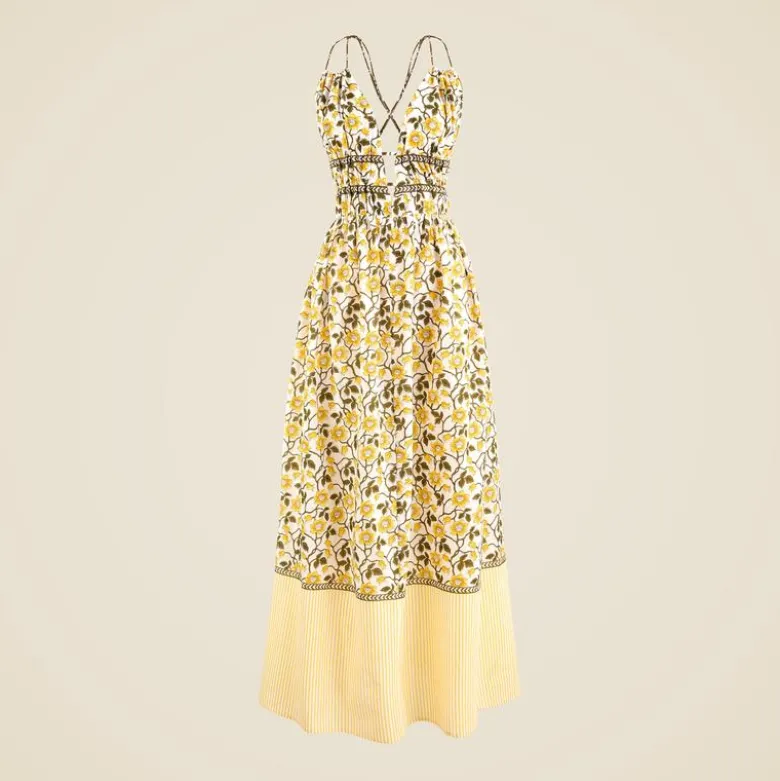 Cotton voile plunge maxi dress in daffodil daze block print