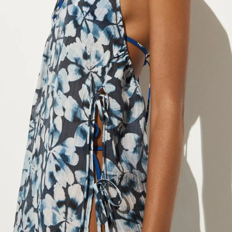 Crinkle side-tie dress with lace trim