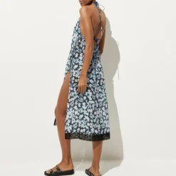 Crinkle side-tie dress with lace trim