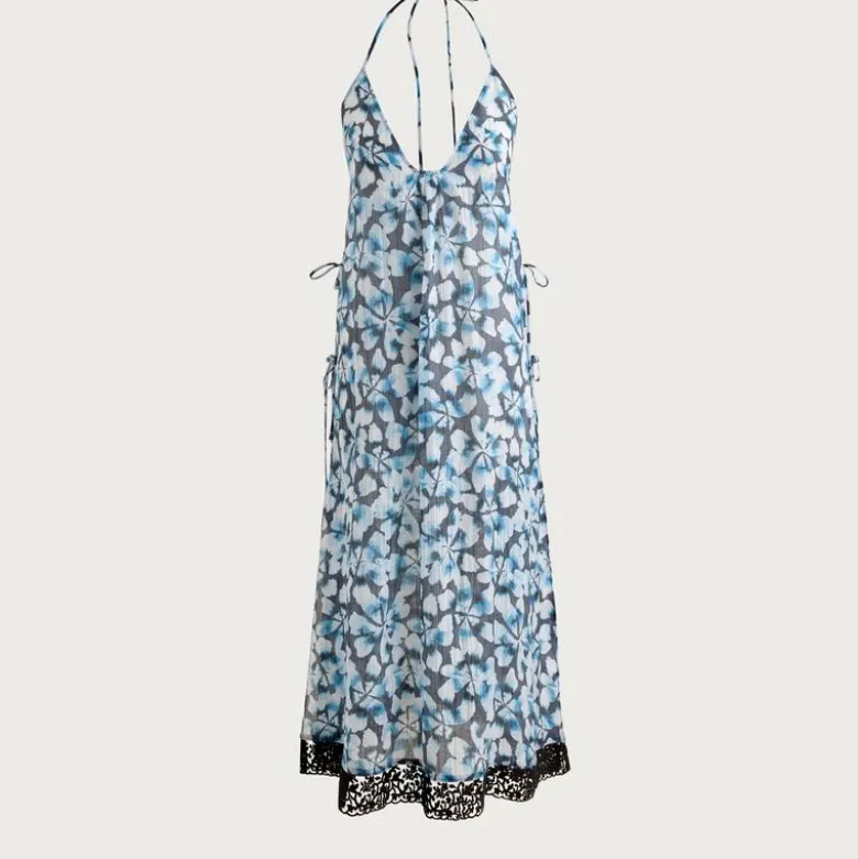 Crinkle side-tie dress with lace trim