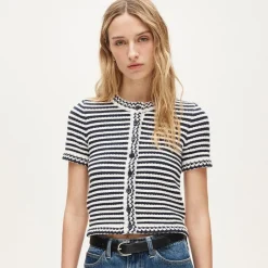 Crochet short-sleeve cardigan in stripe