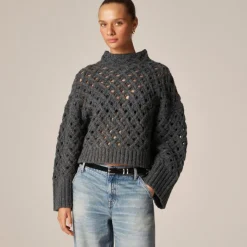 Cross-cable mockneck sweater in wool blend