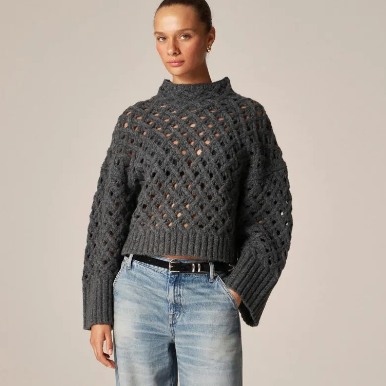 Cross-cable mockneck sweater in wool blend
