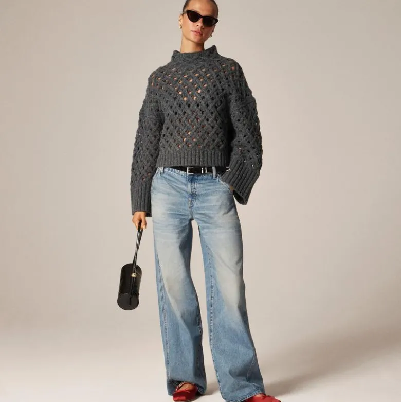 Cross-cable mockneck sweater in wool blend