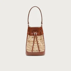 Drawstring bag in straw and leather