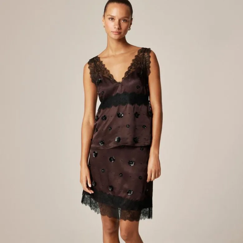Embellished lace-trim tank top in luster charmeuse