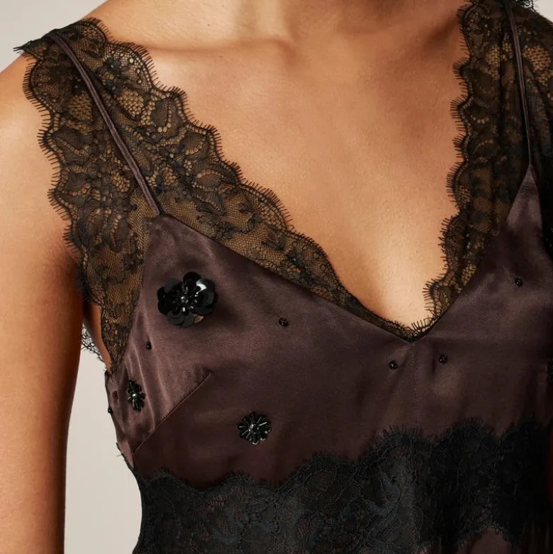 Embellished lace-trim tank top in luster charmeuse