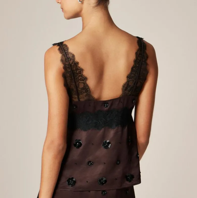 Embellished lace-trim tank top in luster charmeuse