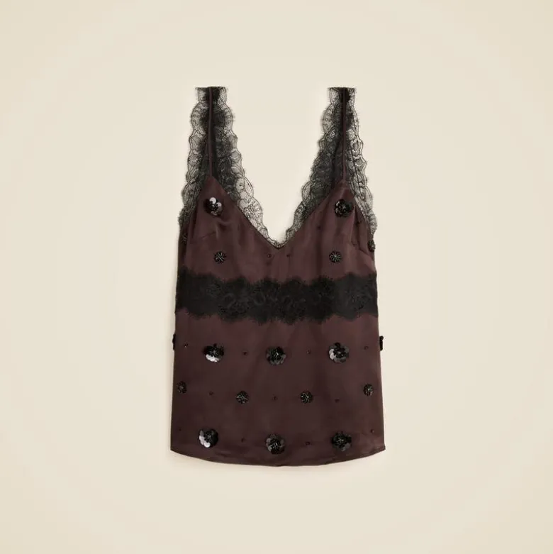 Embellished lace-trim tank top in luster charmeuse