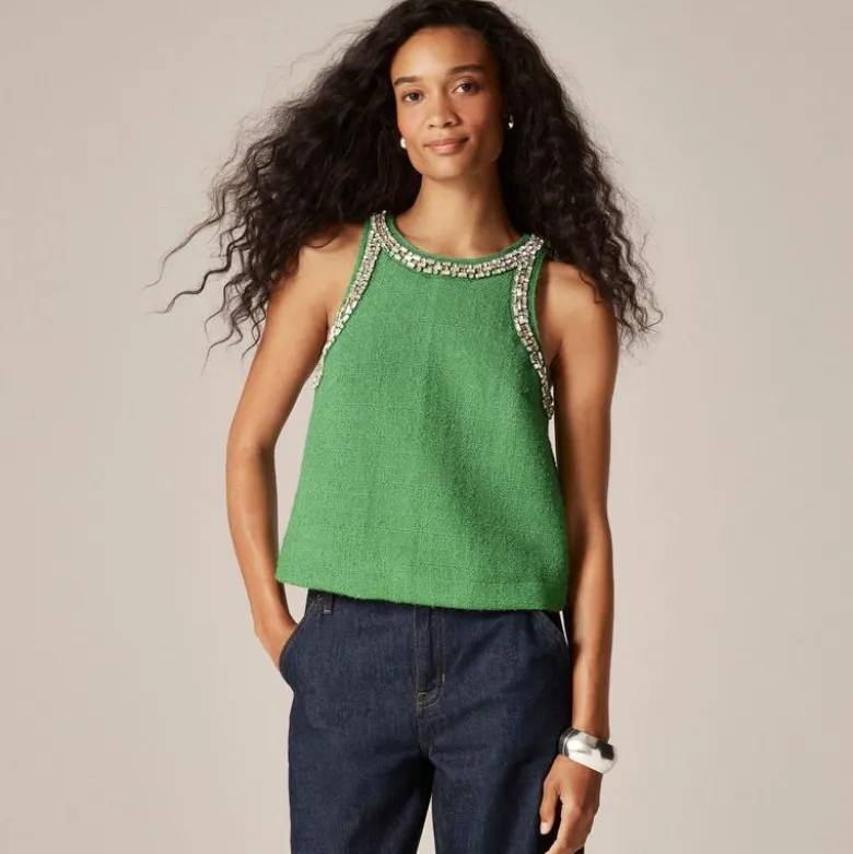 Embellished tweed tank top