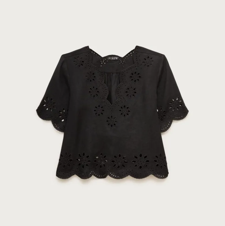 Embroidered eyelet top in linen