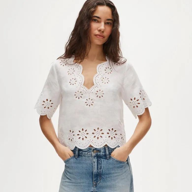 Embroidered eyelet top in linen