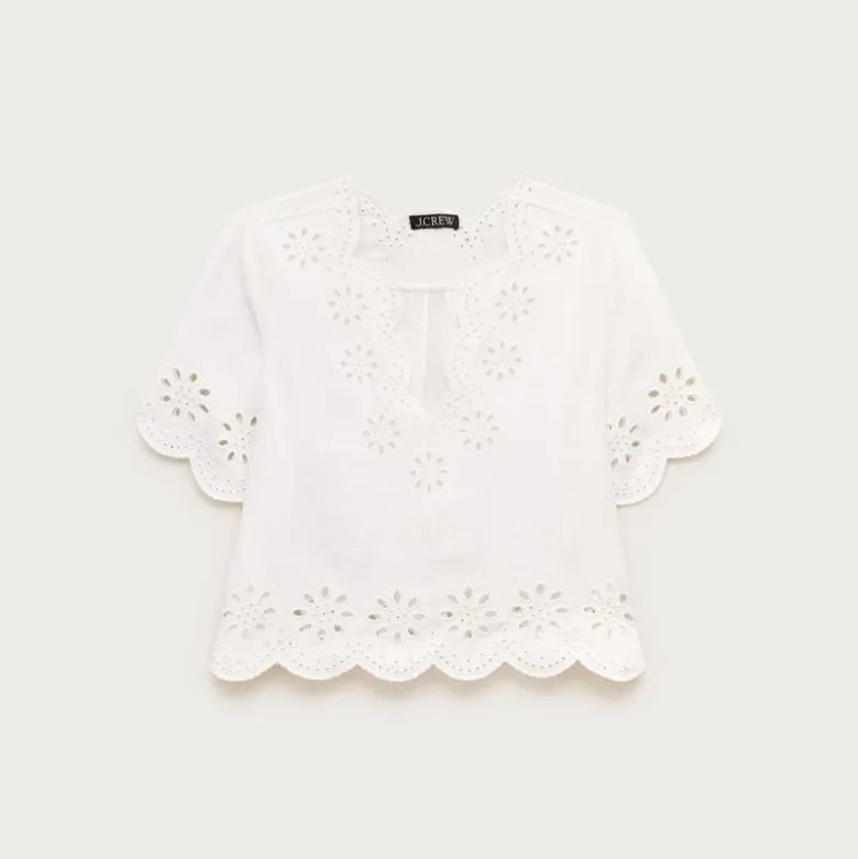 Embroidered eyelet top in linen